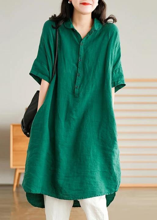 Vestido Camisola de Linho Casual para Mulheres em Verde Jade