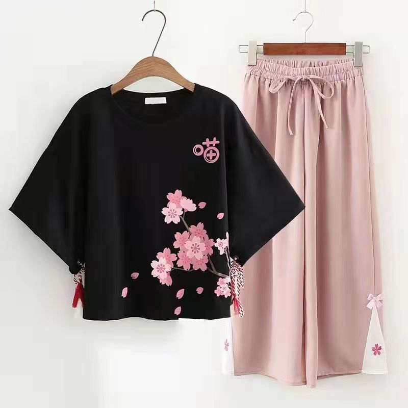 Kawaii Sakura Print Tassel T-Shirt Pants Two Piece Set