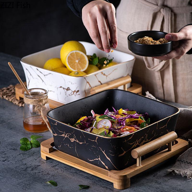 European Serving Bowl with Wooden Base (Black)