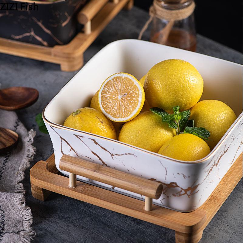 European Serving Bowl with Wooden Base (Black)