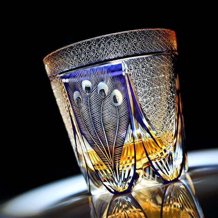 Edo Kiriko Handgemaakt Violet Peacock Whiskyglas met houten kist