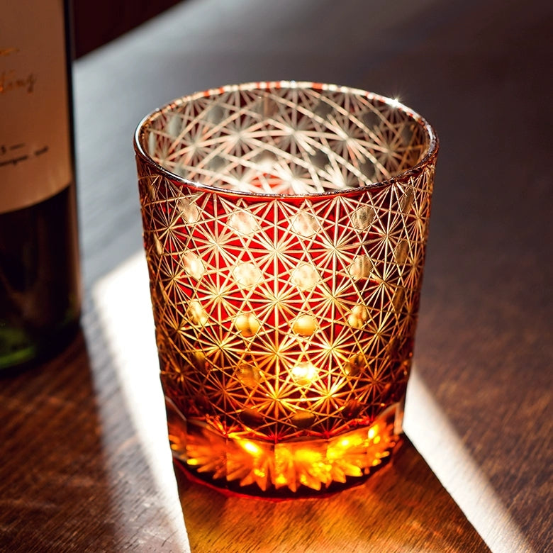 Edo Kiriko Handgemaakte Amber Star Chrysanthemum Whiskyglazen met houten kist