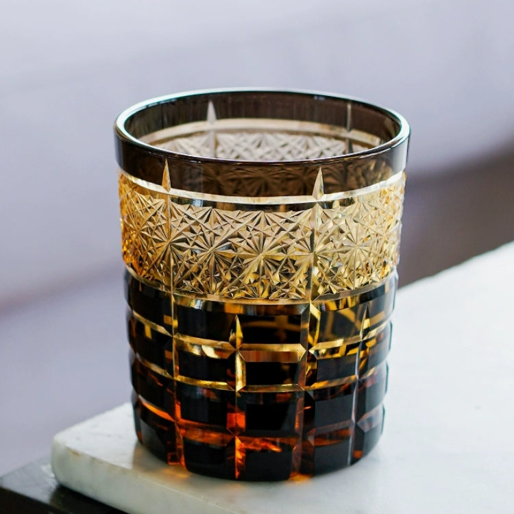 Edo Kiriko handgemaakt diamant amber whiskyglas met houten kist