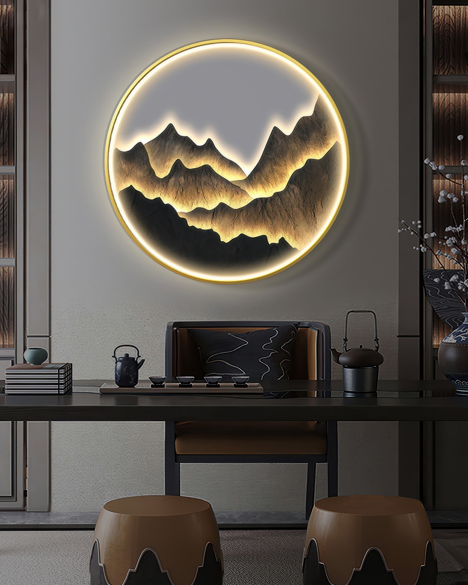 Modern Luxe Mountain Refuge Silhouette Circle Decor