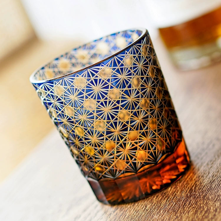 Edo Kiriko Handgemaakte Amber Star Chrysanthemum Whiskyglazen met houten kist