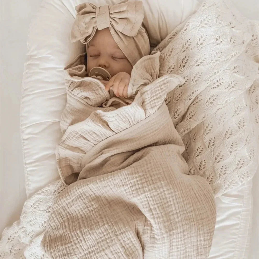 Organic Cotton Ruffled Muslin Baby Swaddle Blanket - White, Beige, Pink, Purple & Blue