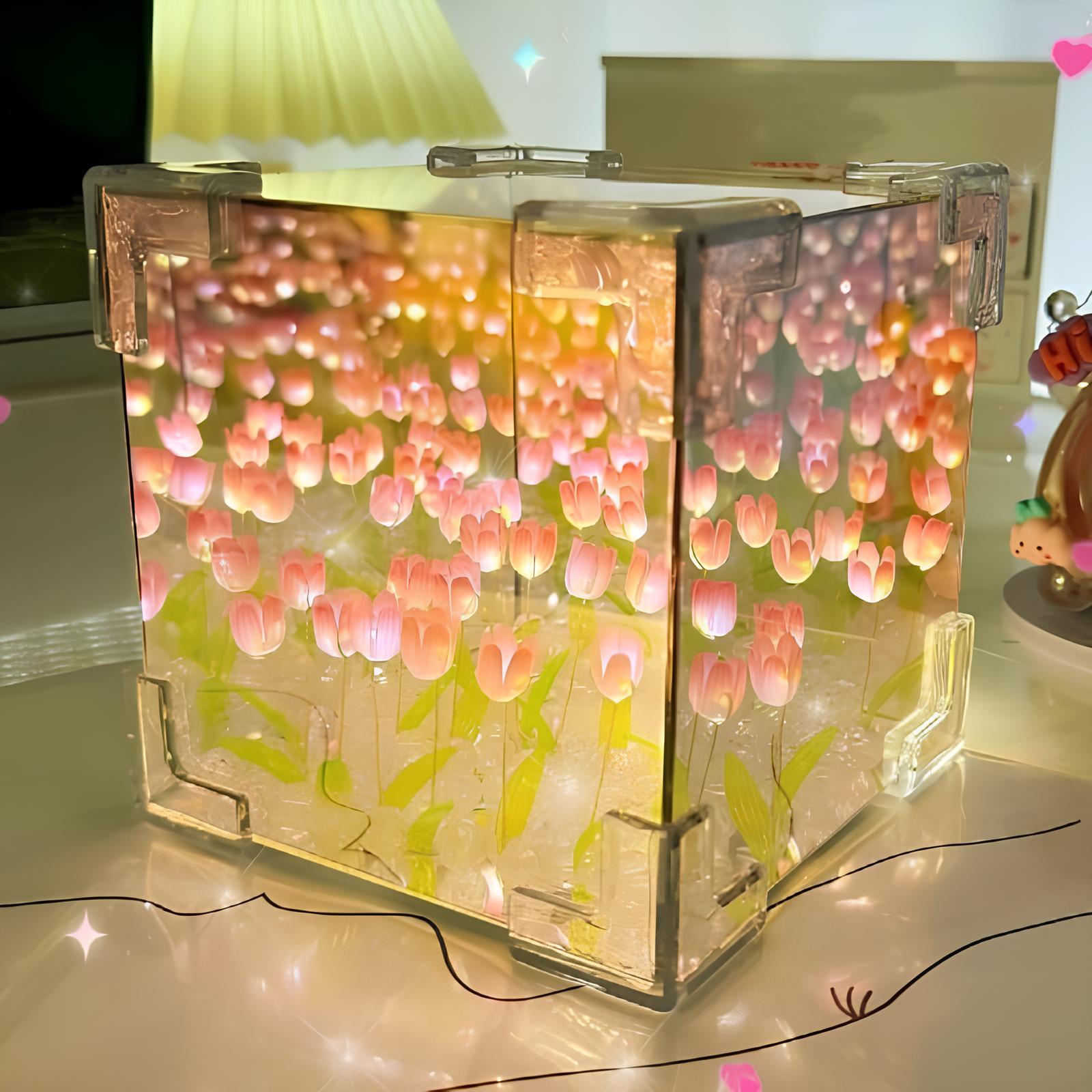 Lampada da notte piccola creativa a forma di cubo tridimensionale con fiore di tulipano creativo fai-da-te