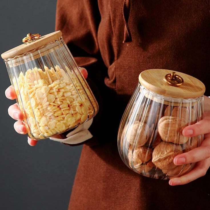 Ripple Glass Airtight Food Storage Container With Wood Lid - 2 Styles