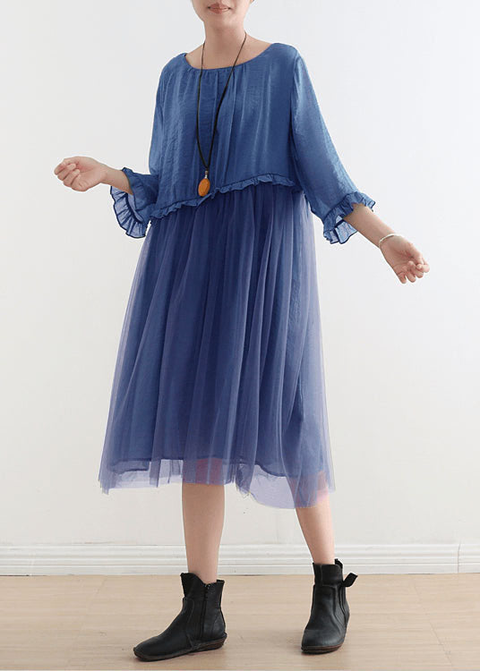 Blauwe Tull Maxi-jurken patchwork chiffon zomerjurken