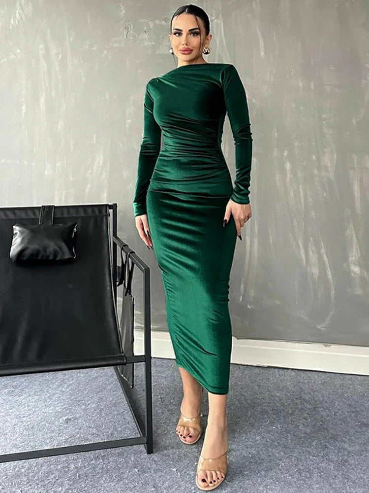 Vestido Midi de Manga Longa Dulzura Velvet – Vestido de Festa Verde Elegante