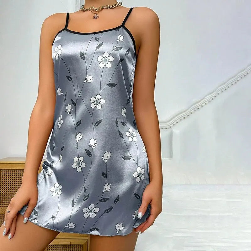 Sara Satin Floral Print Nightdress - Comfortable Spaghetti Strap Sleepwear