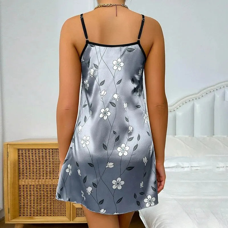 Sara Satin Floral Print Nightdress - Comfortable Spaghetti Strap Sleepwear