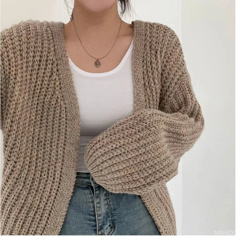 Cardigan de Malha em Cor Sólida de Outono - Sweater Feminino de Botão Único