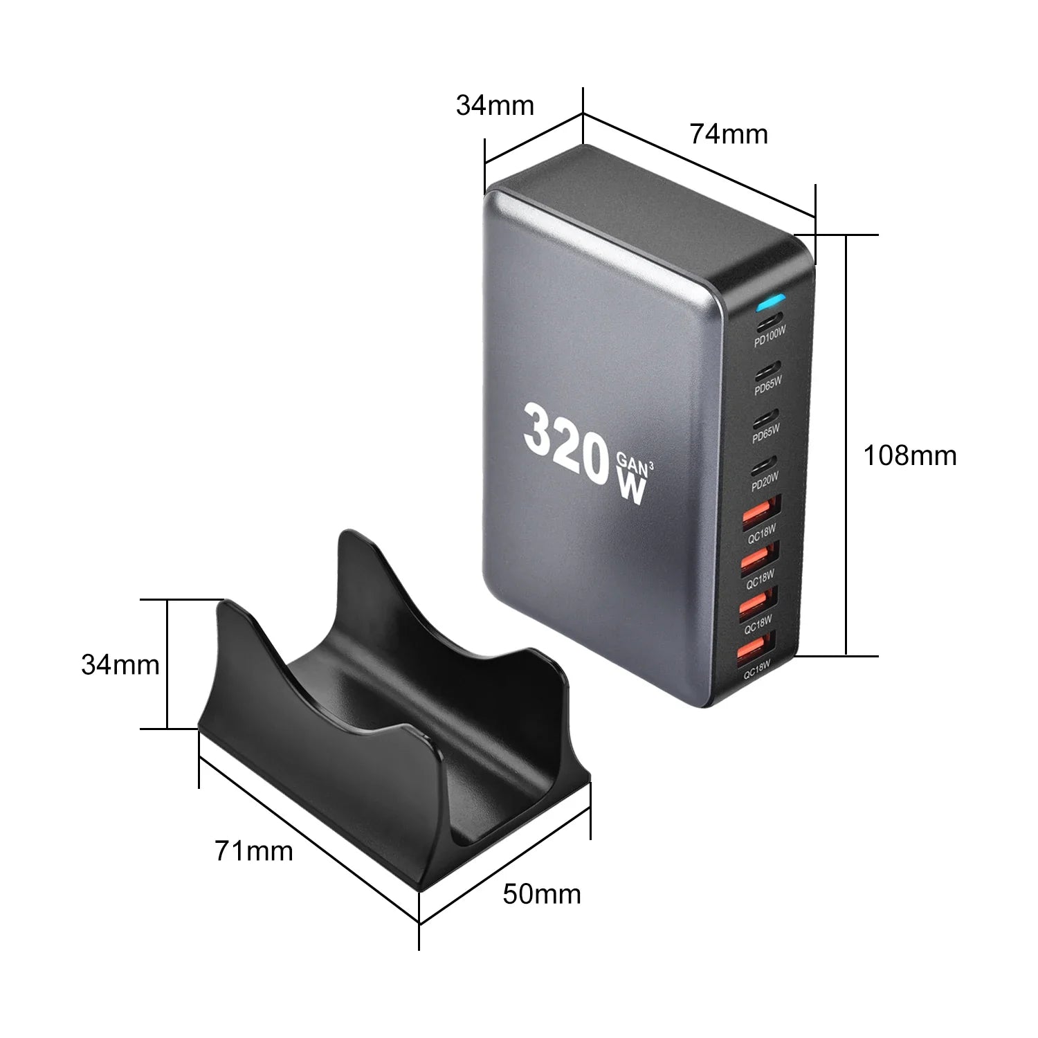 320W GaN USB-C Fast Charger – 8-Port Desktop PD & Quick Charge 3.0 for iPhone 15/14, Samsung, and More