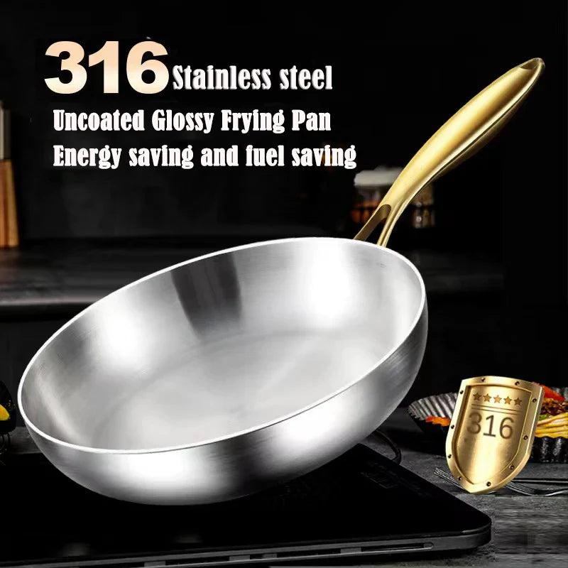 316 Stainless Steel Frying Pan – Nonstick Cooking Wok Pan for Gas and Induction Stove