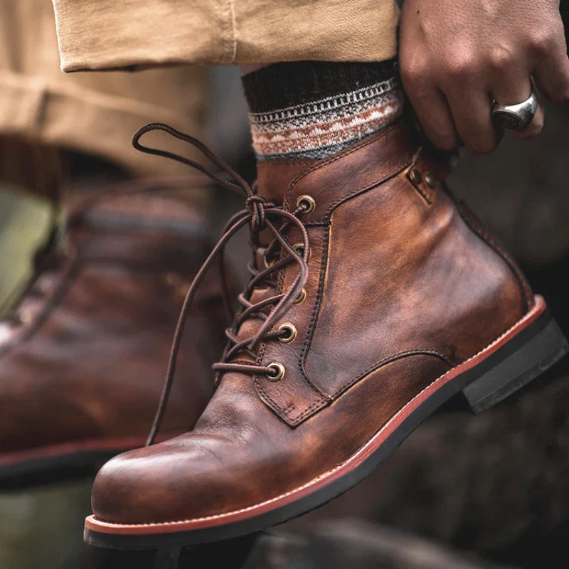 Bottes pour hommes en cuir faites à la main – Bottines rétro à bout rond pour hommes