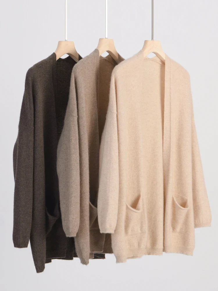 Autumn Winter Women's Grace Cardigan/Sweater – 100% Merino Wool, Solid Color, with Pockets