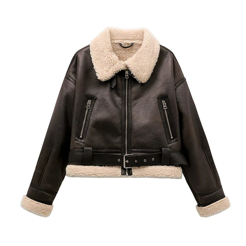 Junie Tjock Winter Shearling Jacket för kvinnor - Warm Faux Fur Streetwear Coat