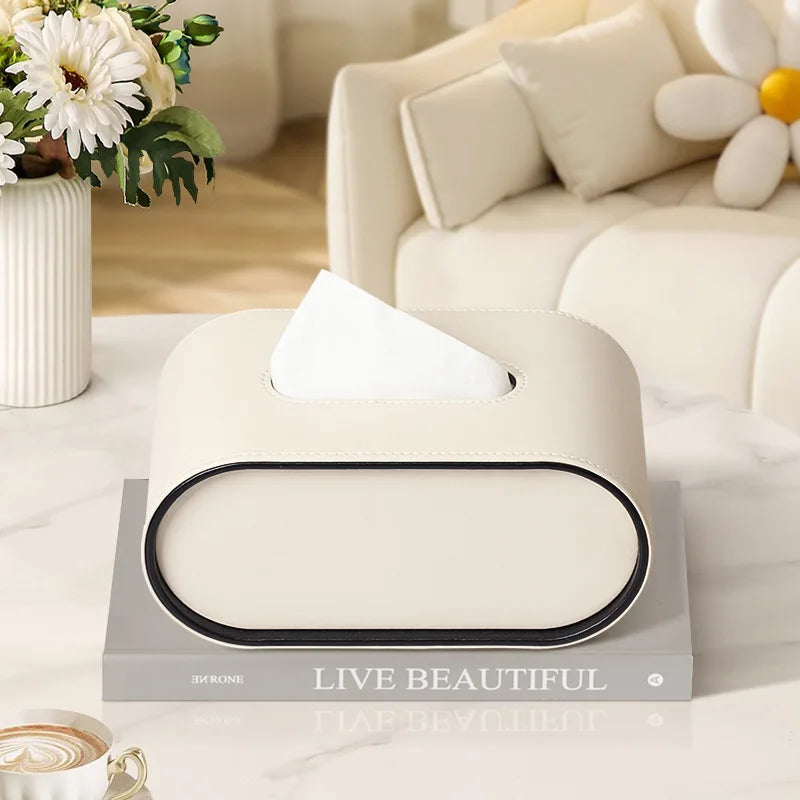 Caixa de Lenços Oval de Couro Winnie Luxe – Armazenamento Elegante de Guardanapos para Casa e Escritório