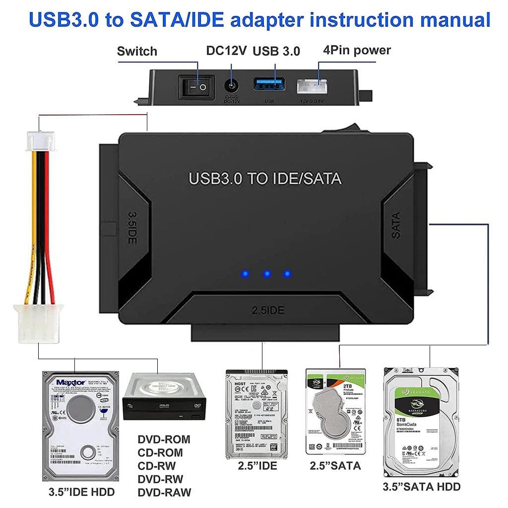 SATA/IDE to USB 3.0 Adapter – Hard Drive Converter for 2.5/3.5 Inch SATA/IDE HDD, SSD, CD/DVD-ROM, Supports Up to 6TB for PC & Mac