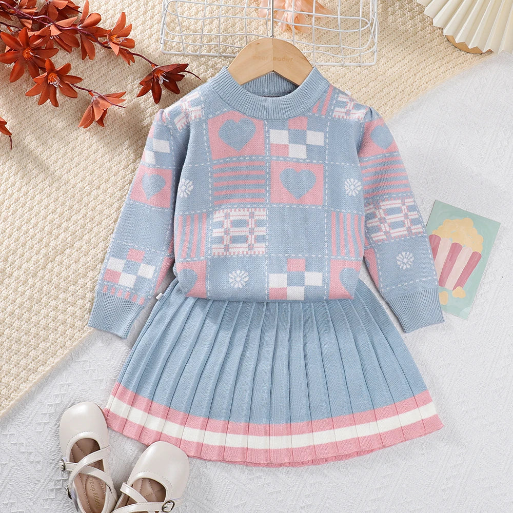 Pat's Geometric Knitted Girls Sweater Set - Autumn/Winter Top & Striped Pleated Skirt