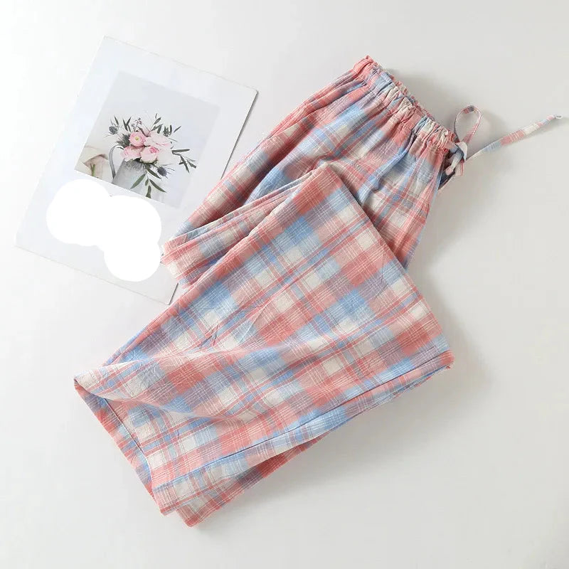 Japanese Checked Cotton Pajama Trousers for Women | Soft Casual Home Pants