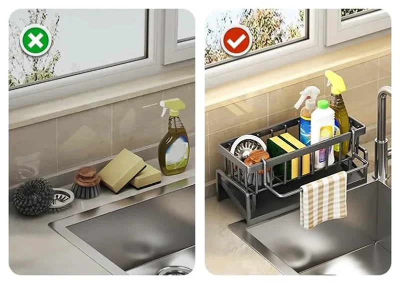 Sara Kitchen Drain Rack – Soap Sponge Holder & Towel Shelf, Plastic Organizer