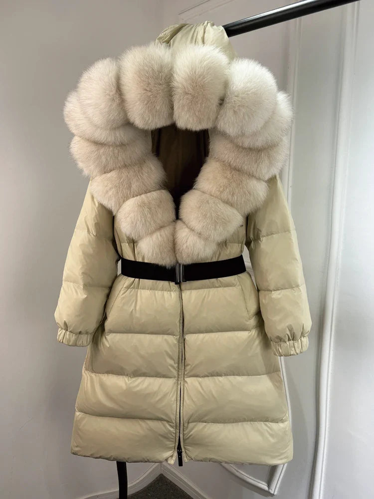 Ivy Casaco Longo de Inverno para Mulheres – 90% Penas de Pato Branco, Gola de Pele de Raposa, Casaco de Luxo de Inverno