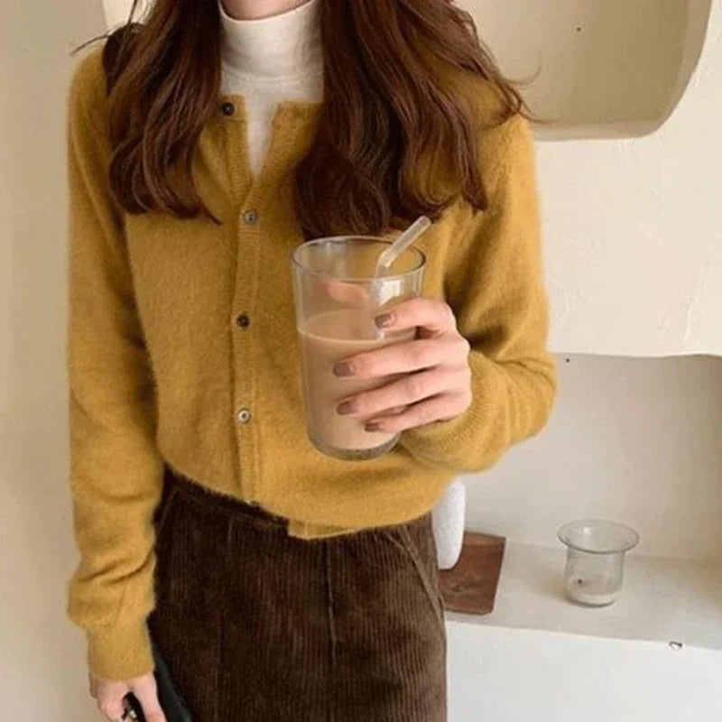 Fall Solid Color Knitted Cardigan - Women's Korean Single Breasted Sweater