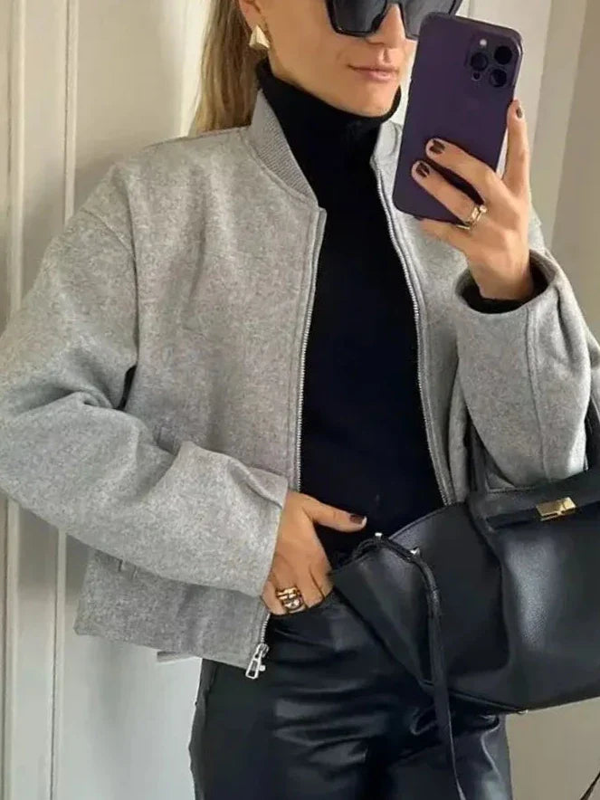 Bella Autumn Dámská Bomber Bunda – Casual Jednobarevný Stojáčkový Kabát