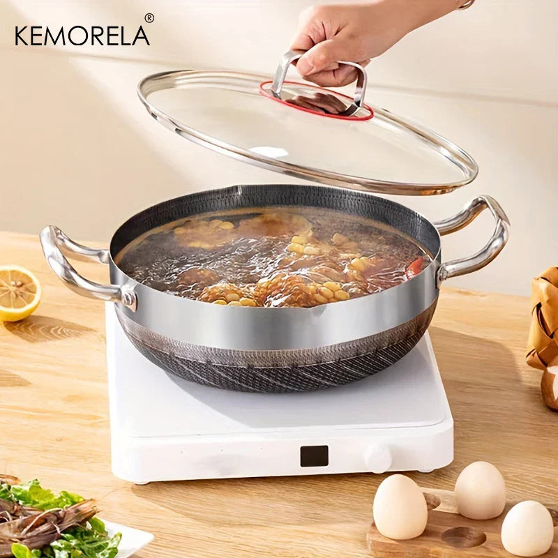 Stainless Steel Non-Stick Frying Pan & Soup Pot with Honeycomb Bottom – 26/28/30CM, Glass Lid, Induction & Gas Compatible