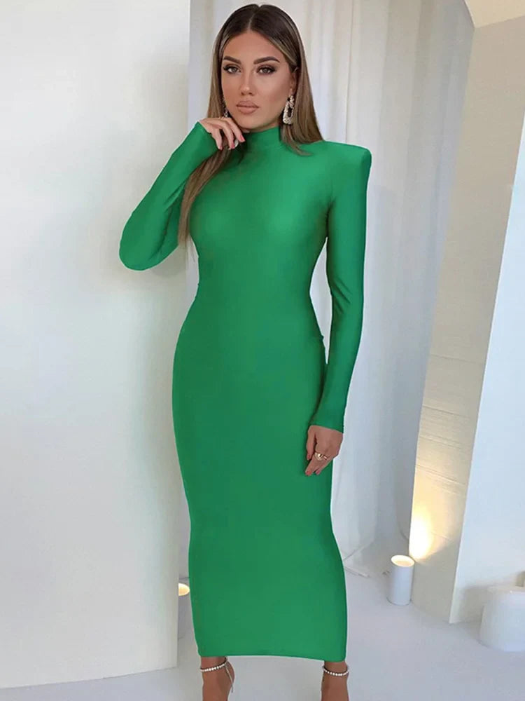 Vestido Maxi Bodycon com Ombros Almofadados Winnie – Look de Festa Elegante em Verde