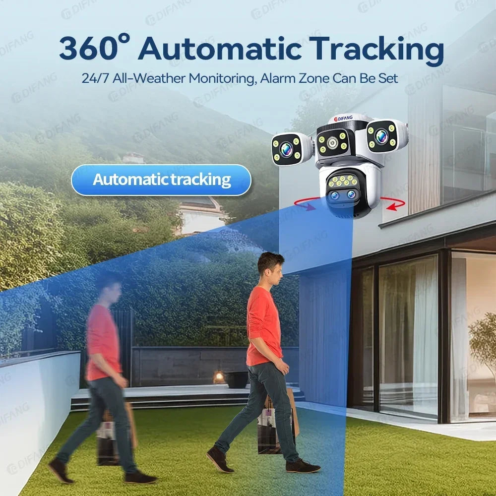 Caméra de sécurité domestique DiFang 10K - Caméra de surveillance extérieure PTZ à quatre objectifs avec zoom optique 10X avec détection de mouvement en temps réel et audio bidirectionnel