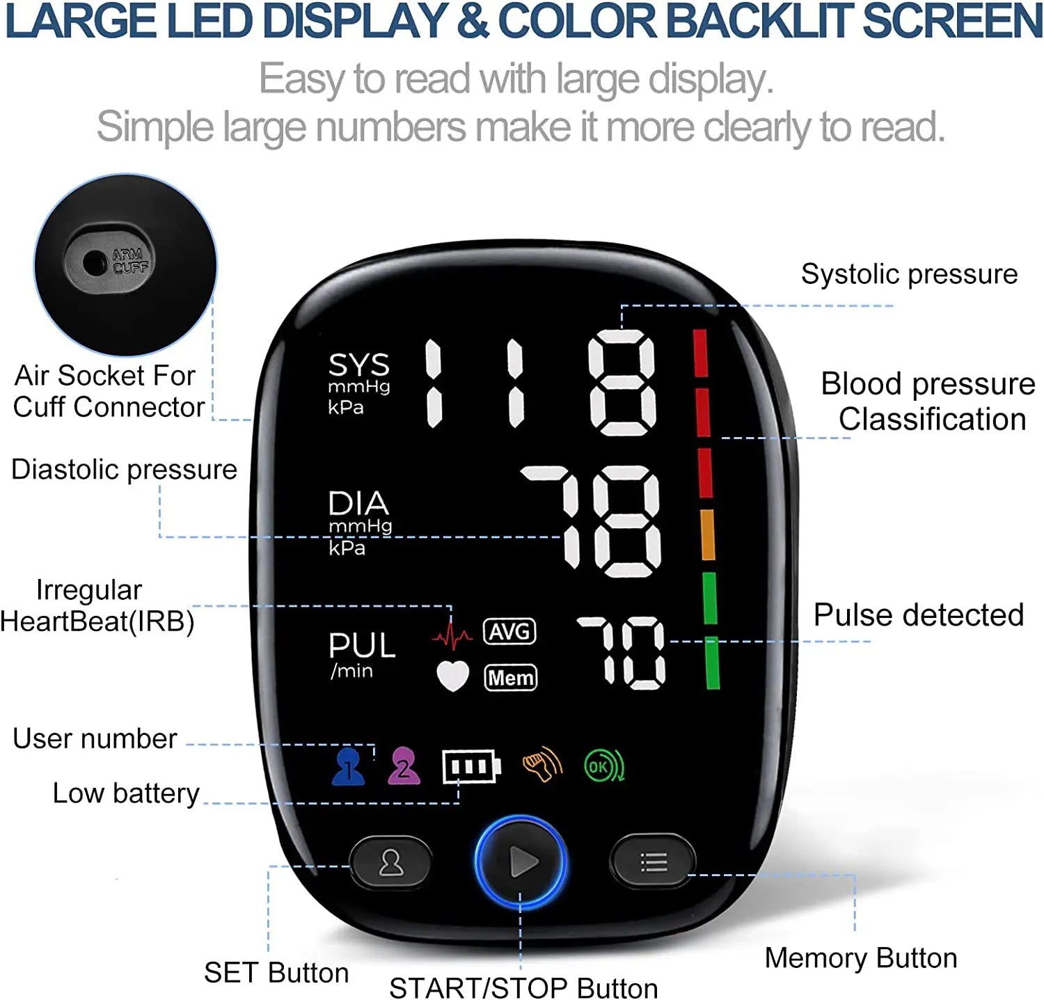 Misuratore automatico della pressione arteriosa – Macchina per polsino BP da braccio con display a LED per uso domestico