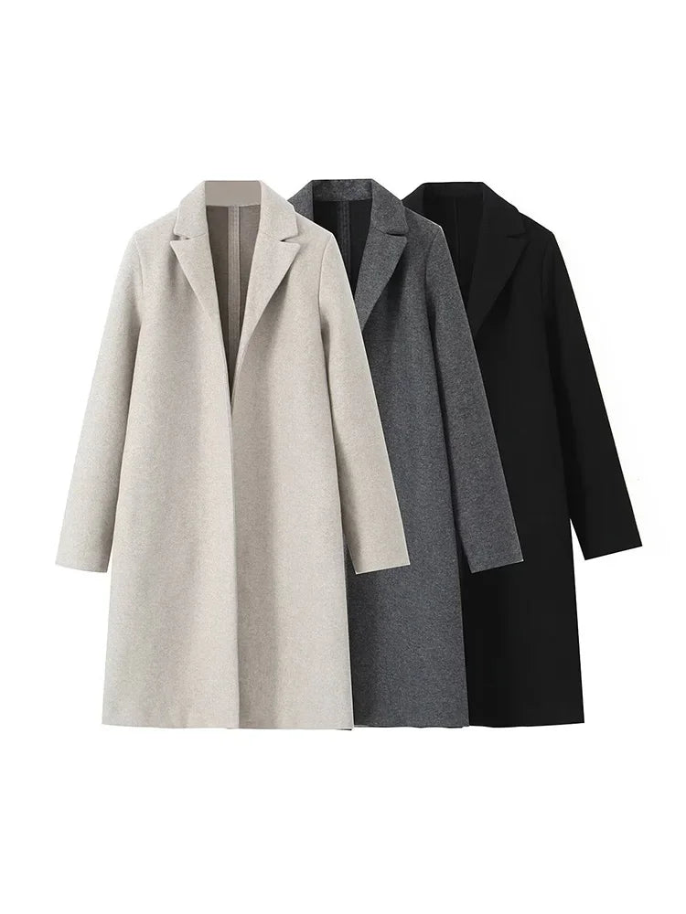 Maya : Manteau/veste long en laine mélangée pour automne/hiver