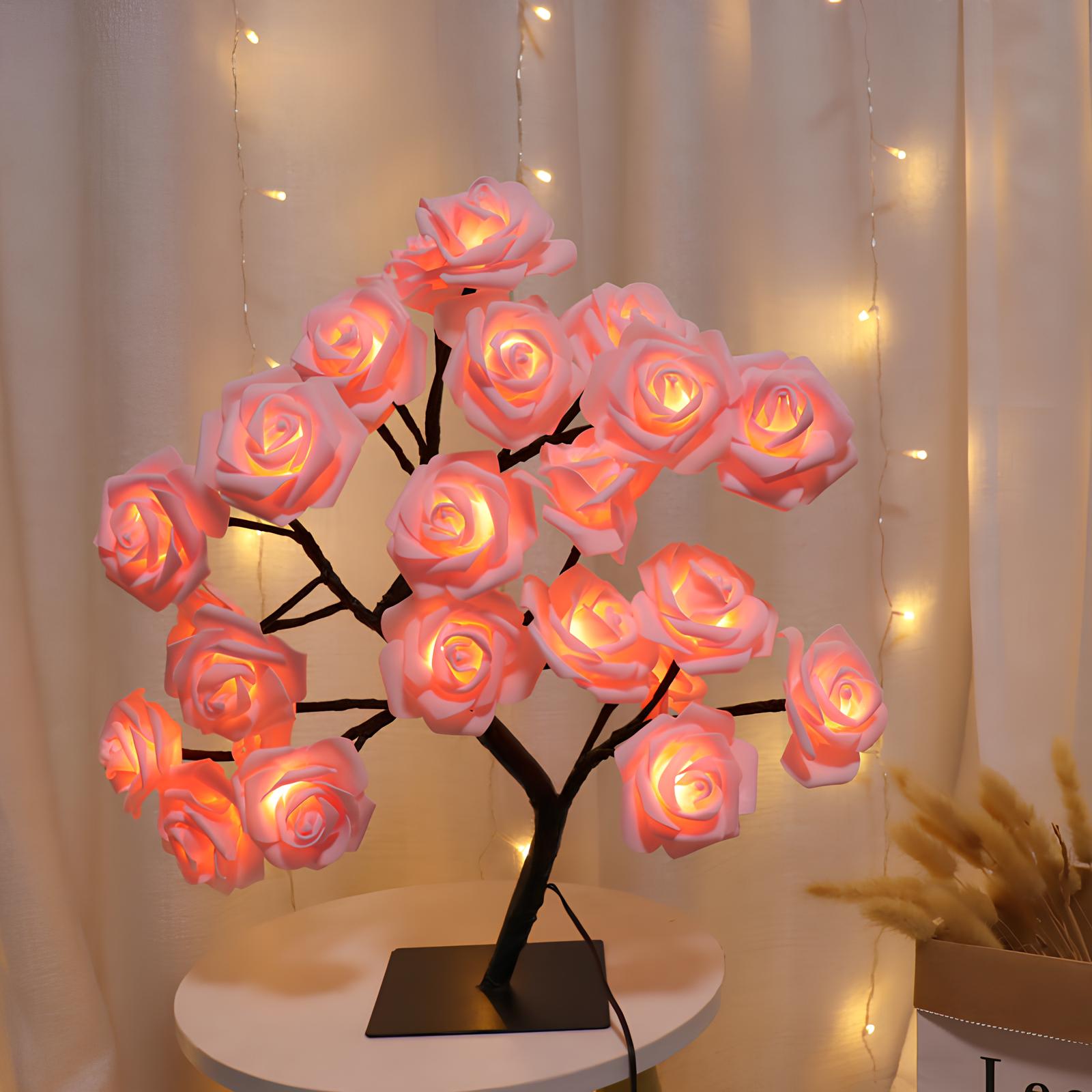 Noche de luz de flor de lámpara de árbol de rosas de 24 LED, alimentada por USB