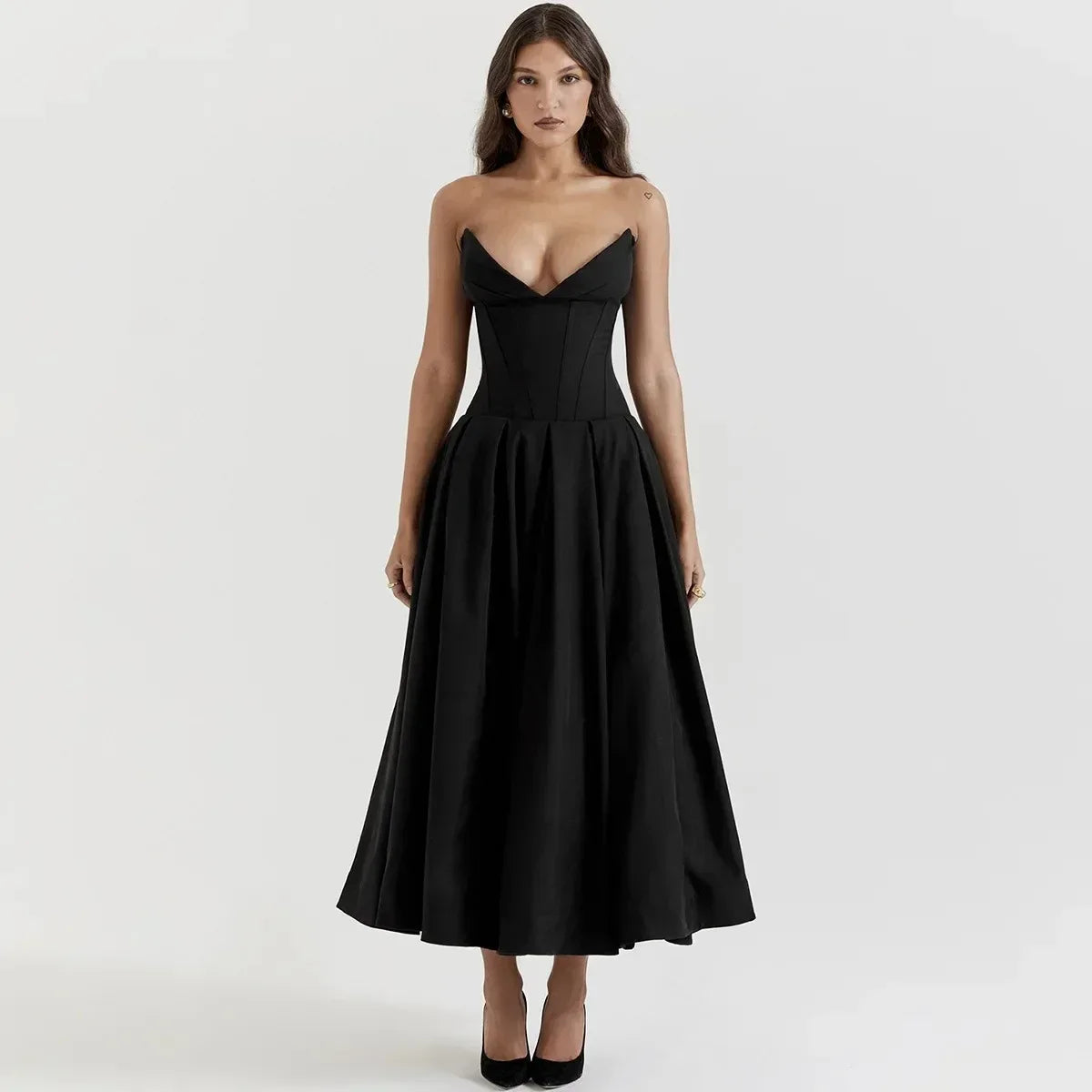 Vestido Midi de Corpete Sem Alças Sophia – Vestido Preto Elegante para Casamentos e Festas para Mulheres