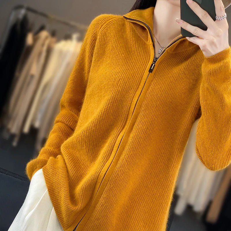 Elena 100 % Kaschmir-Cardigan mit Reißverschluss – locker sitzender Pullover im koreanischen Stil