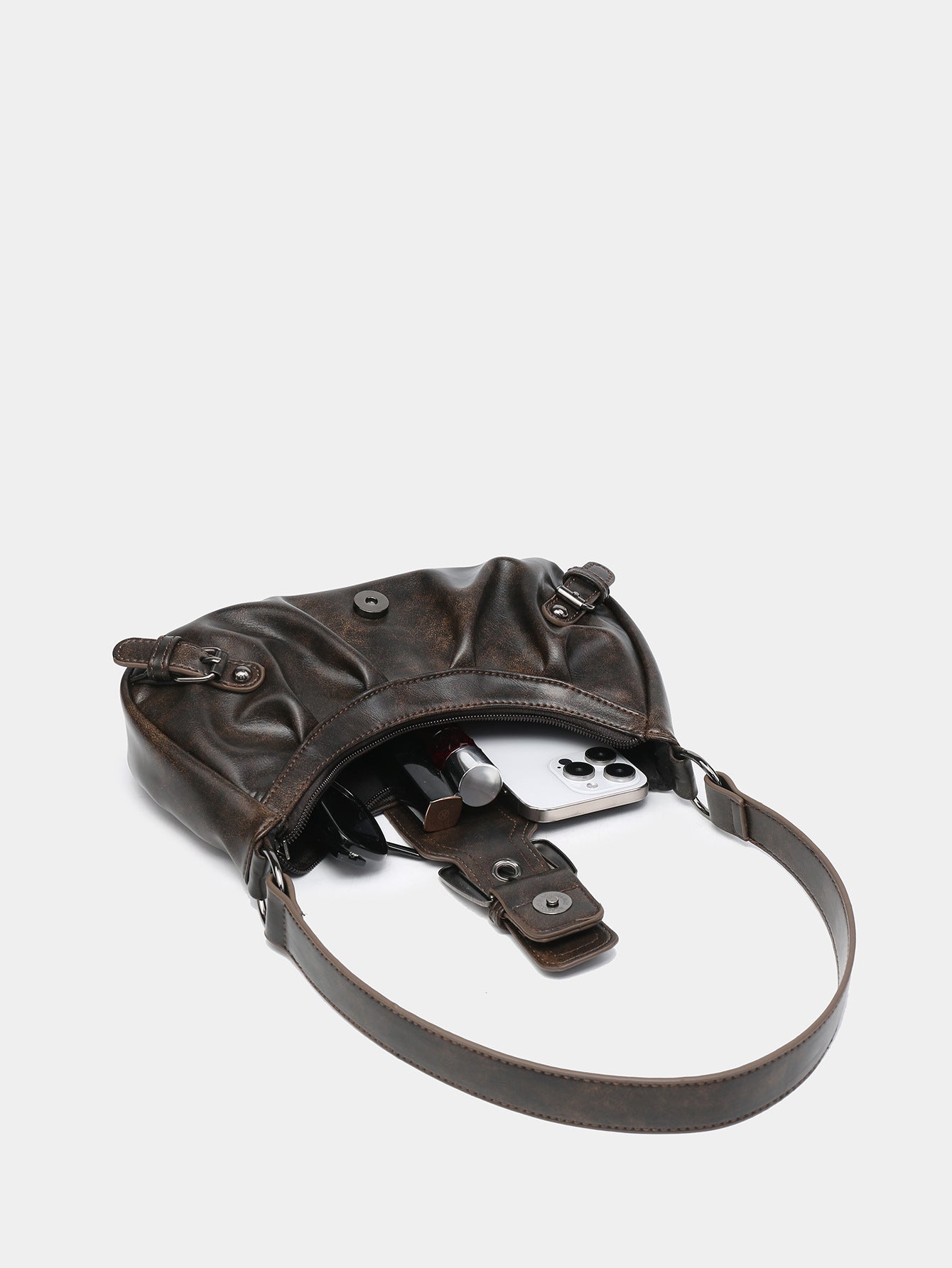 Cora Distressed Faux-Leather Buckle Hobo Bag