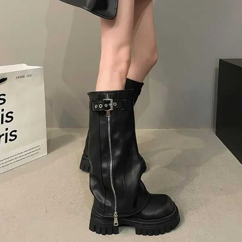 Amanda: Winter Women Biker Boots - Fashion Belt Buckle Platform Knee High Booties