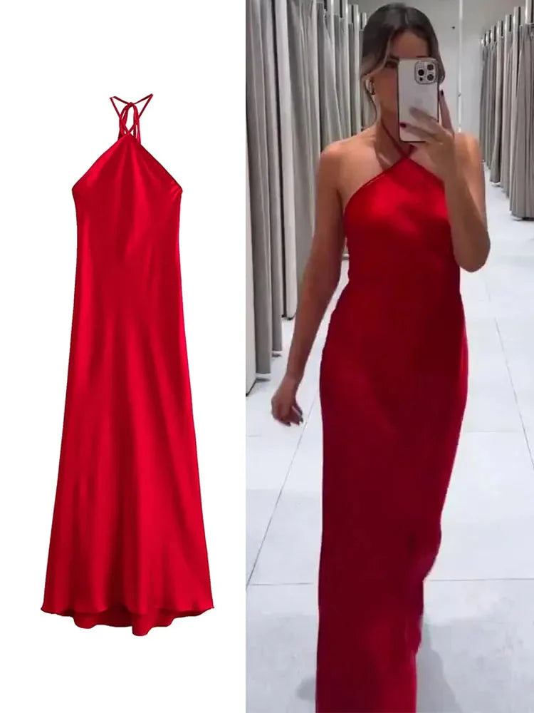 Klkxmyt 2024 Halter Satin Midi Kleid für Frauen