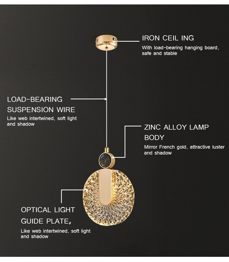 DUN Luxury Gold Led Pendant Light Round Crystal Hanging Lamp