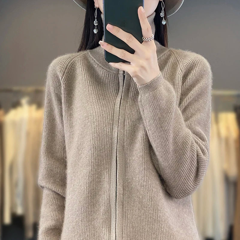 Elena 100 % Kaschmir-Cardigan mit Reißverschluss – locker sitzender Pullover im koreanischen Stil