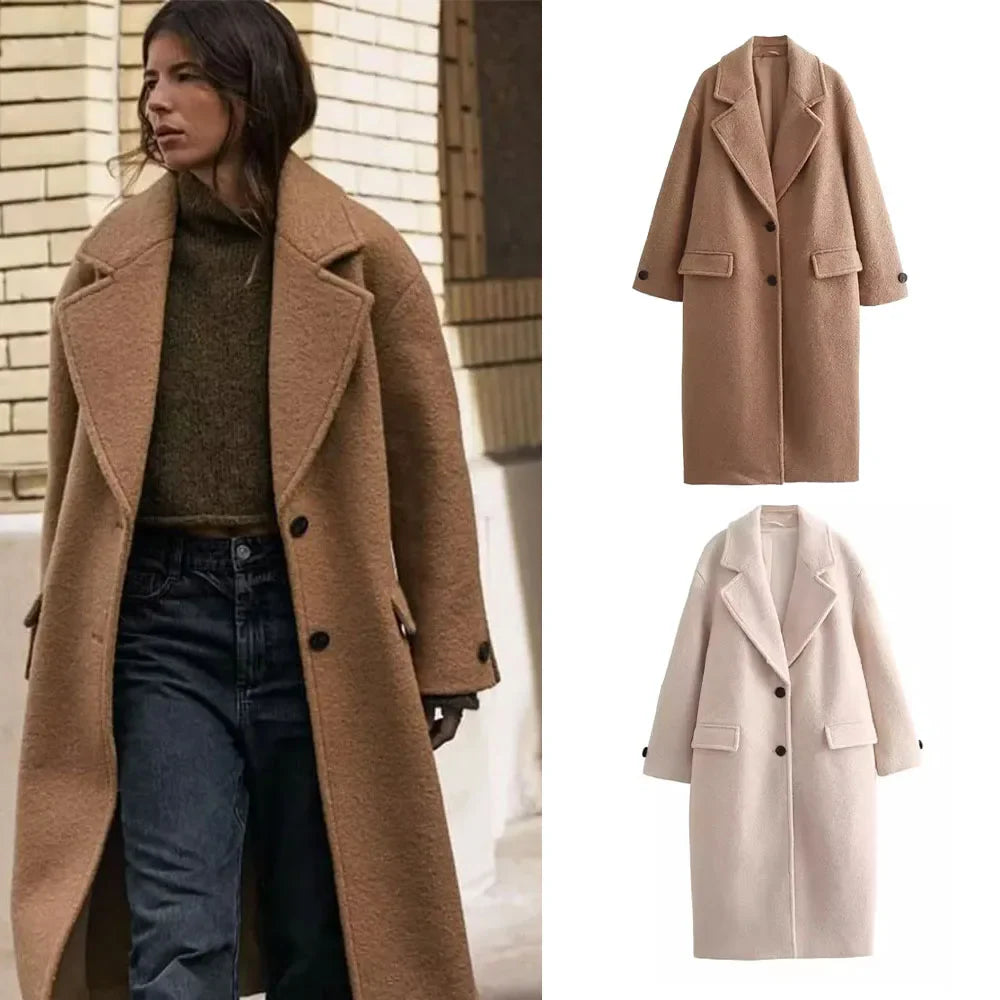 Notched Woolen Coat/Jacket - Single-Breasted for Autumn Winter