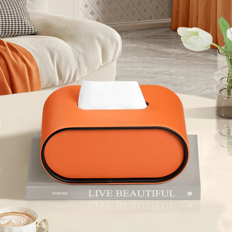 Caixa de Lenços Oval de Couro Winnie Luxe – Armazenamento Elegante de Guardanapos para Casa e Escritório