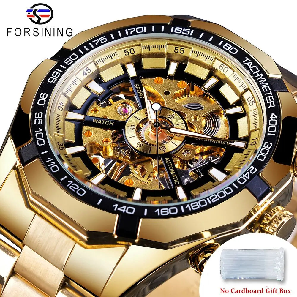 Stainless Steel Waterproof Men's Skeleton Watches -  Transparent Mechanical Sport Male Wrist Watches