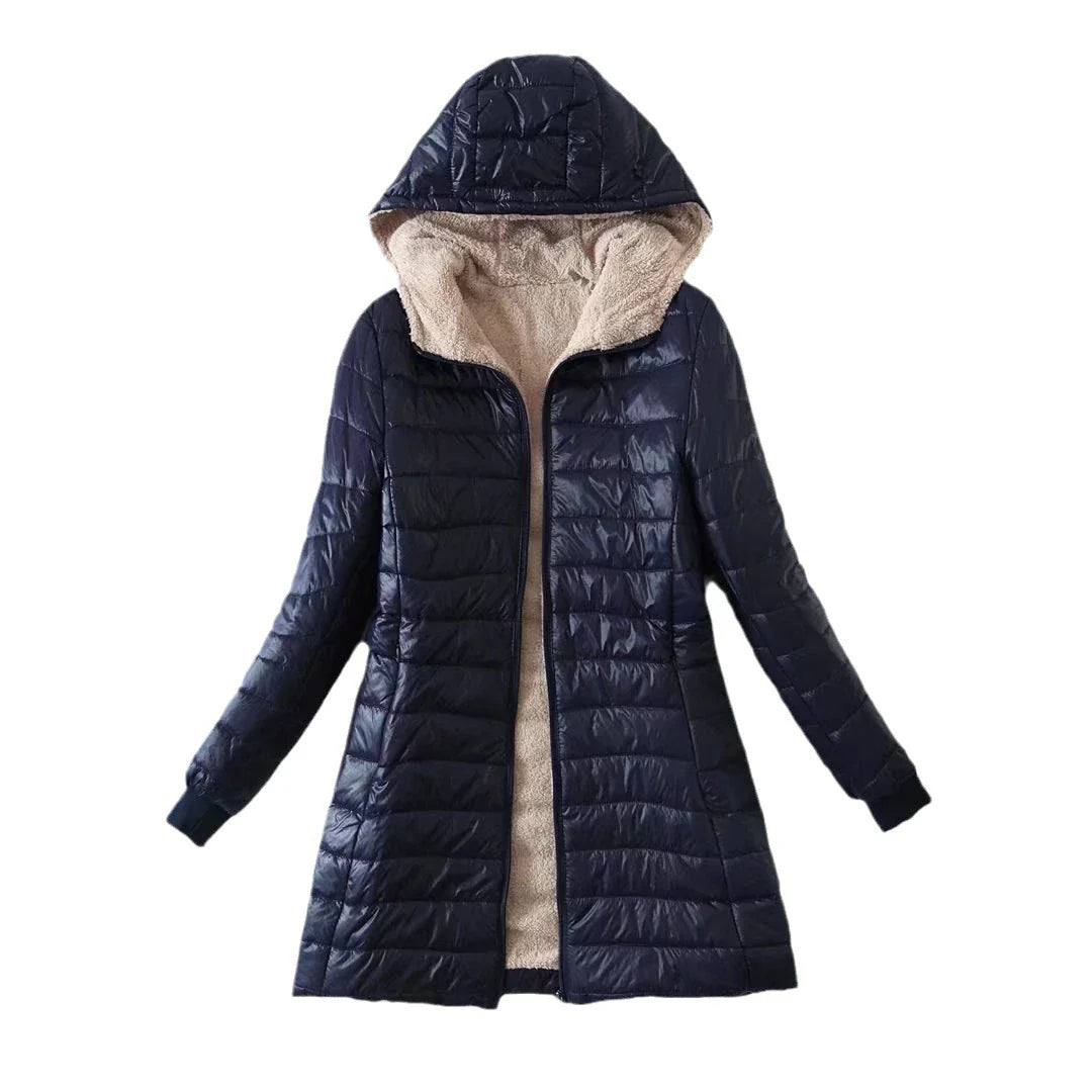 Veste/Manteau à capuche mi-long confortable avec doublure en laine d'agneau - Automne/Hiver