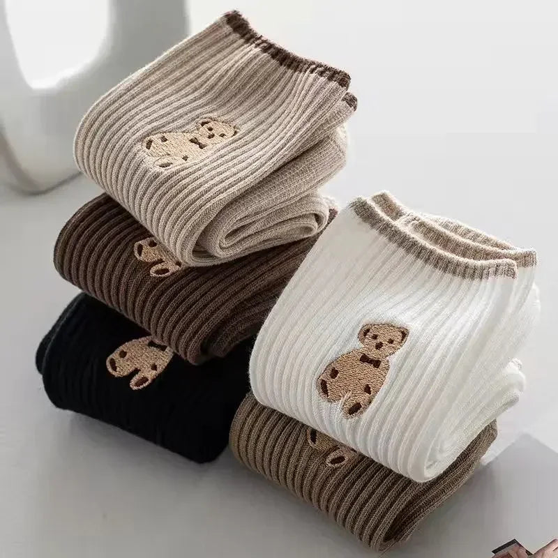 Calzini Orso Kawaii 5-Pack - Calzature in Cotone Morbido per l'Autunno per Donne