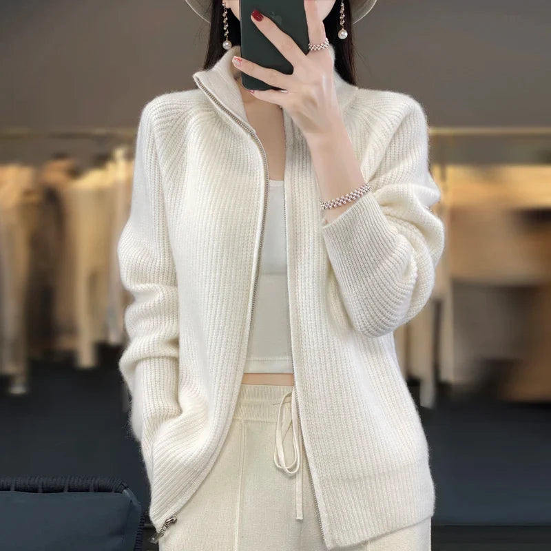 100% Pure Wool Zipper Cardigan/Tröja för kvinnor