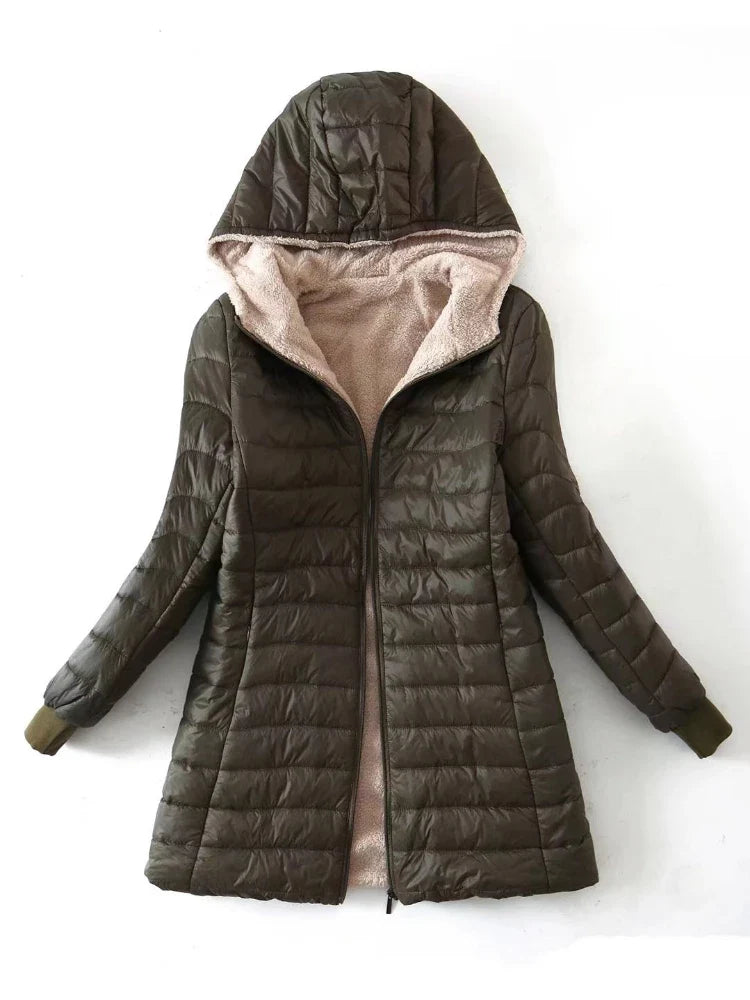 Veste/Manteau à capuche mi-long confortable avec doublure en laine d'agneau - Automne/Hiver